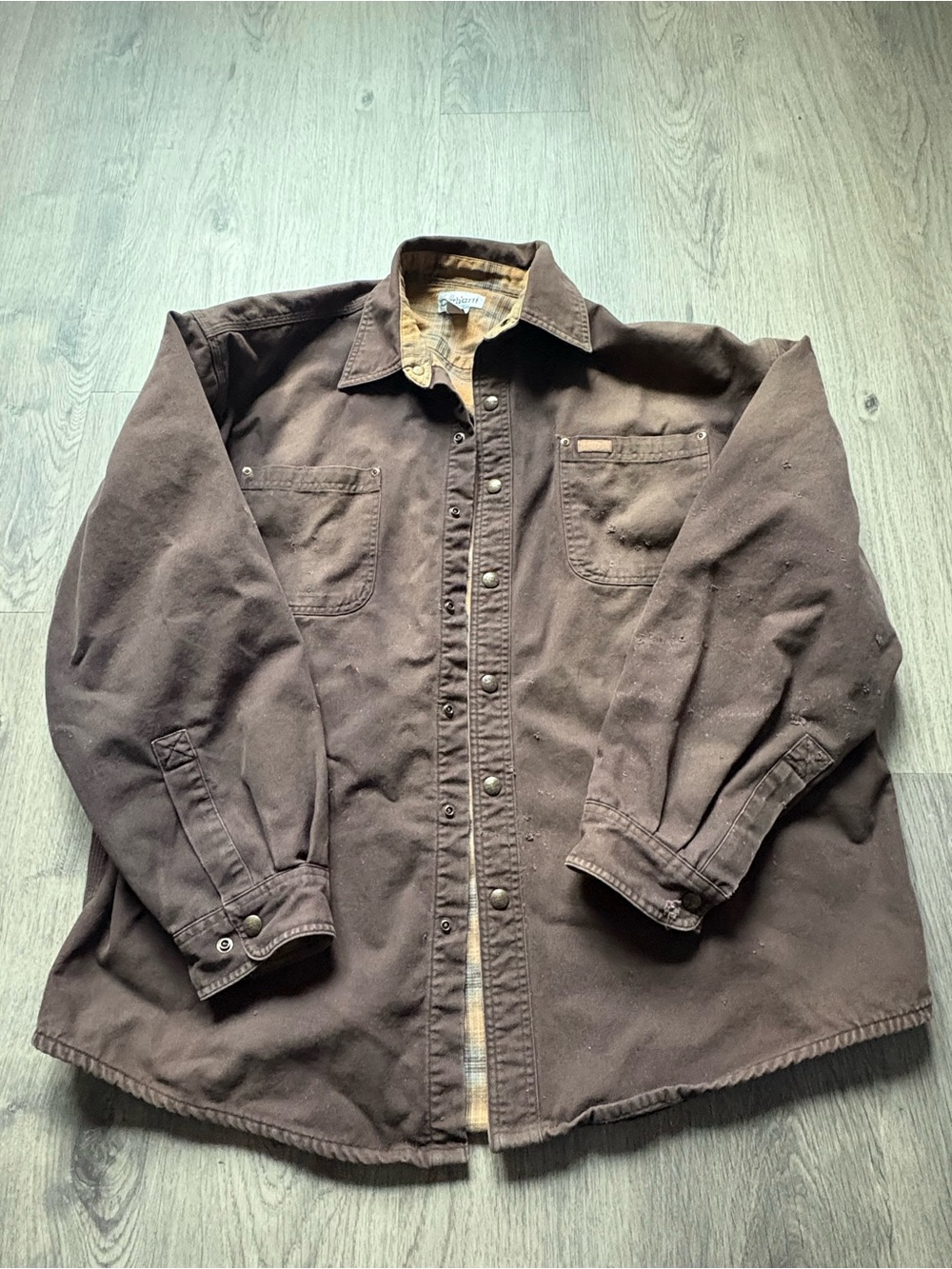 Vtg Carhartt Flannel Lined Canvas Shirt Jacket S96DKB Mens XL Brown Distressed